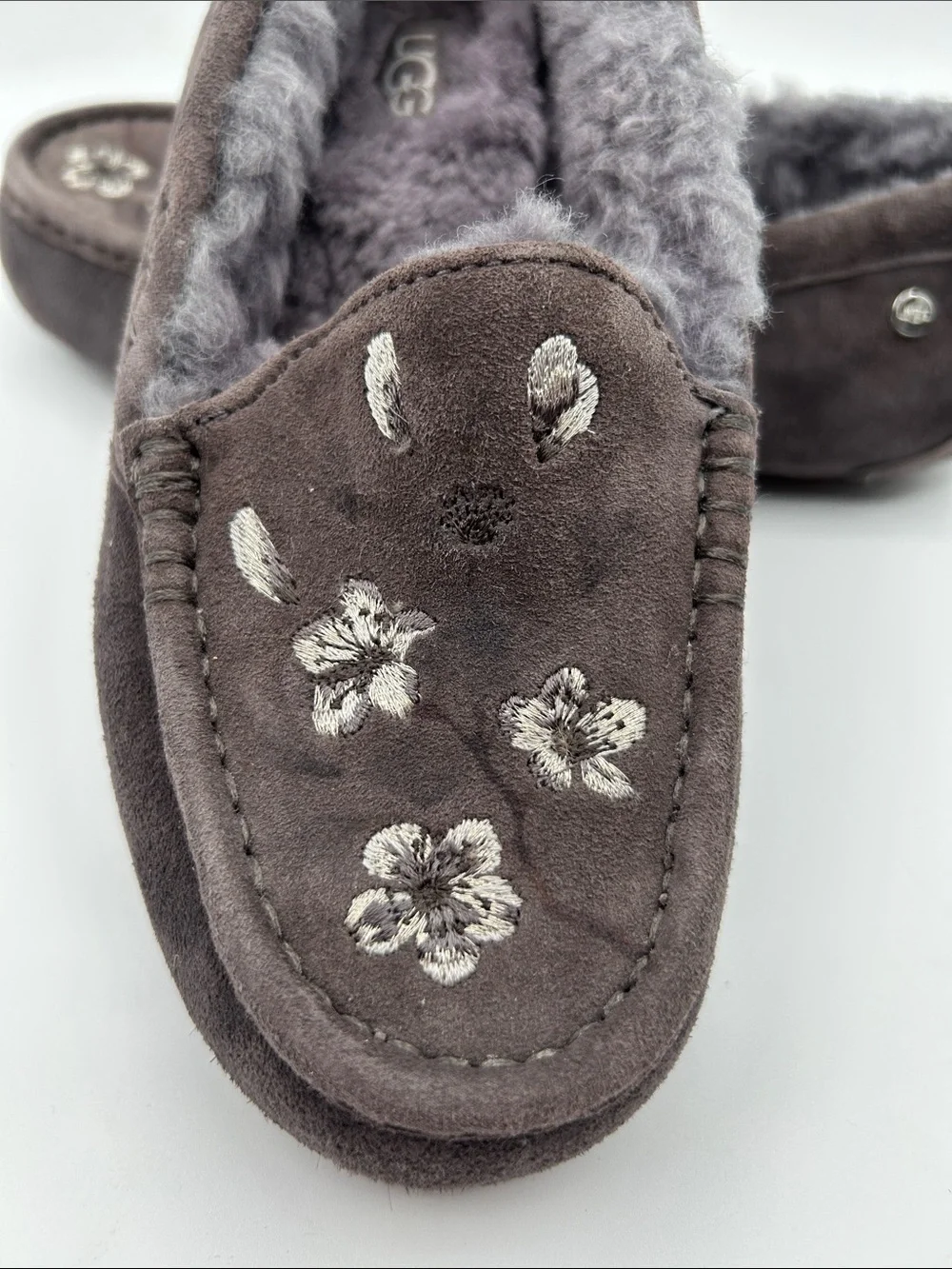 UGG Ansley Blossom Gray Suede Moccasin Slippers with Plush Shearling Lining - Picture 12 of 16